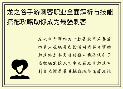 龙之谷手游刺客职业全面解析与技能搭配攻略助你成为最强刺客