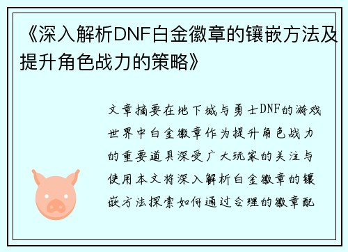 《深入解析DNF白金徽章的镶嵌方法及提升角色战力的策略》