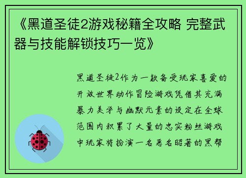 《黑道圣徒2游戏秘籍全攻略 完整武器与技能解锁技巧一览》