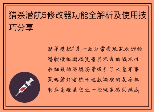 猎杀潜航5修改器功能全解析及使用技巧分享